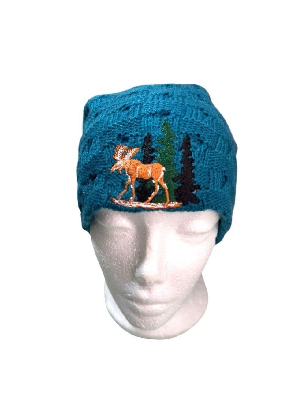 NWT Allota Knitz Beanie Hat Embroidered Moose Pattern Teal Blue Sz L Lined